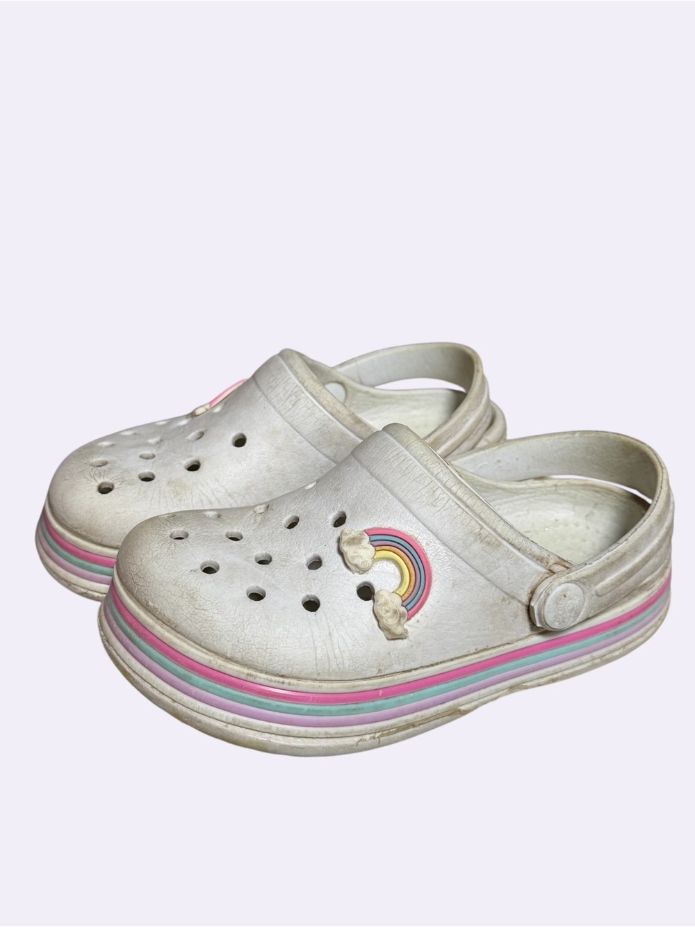 Kids White Croc Clog Sandals with Rainbow Accent size 9